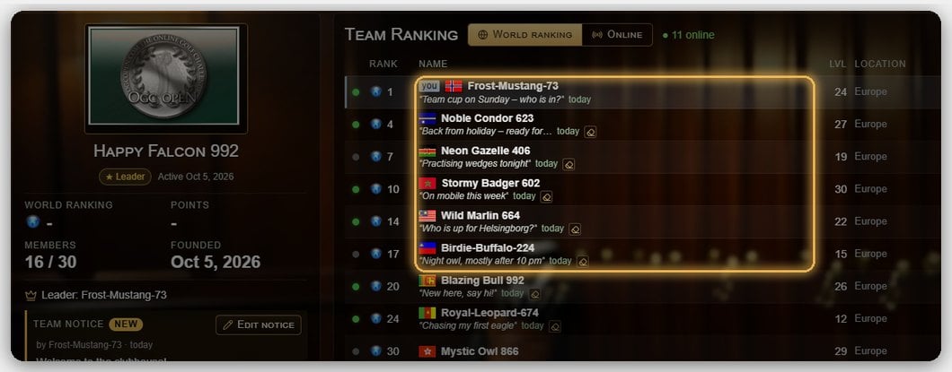 OGC Open - team page with crest panel, status lines and online indicator