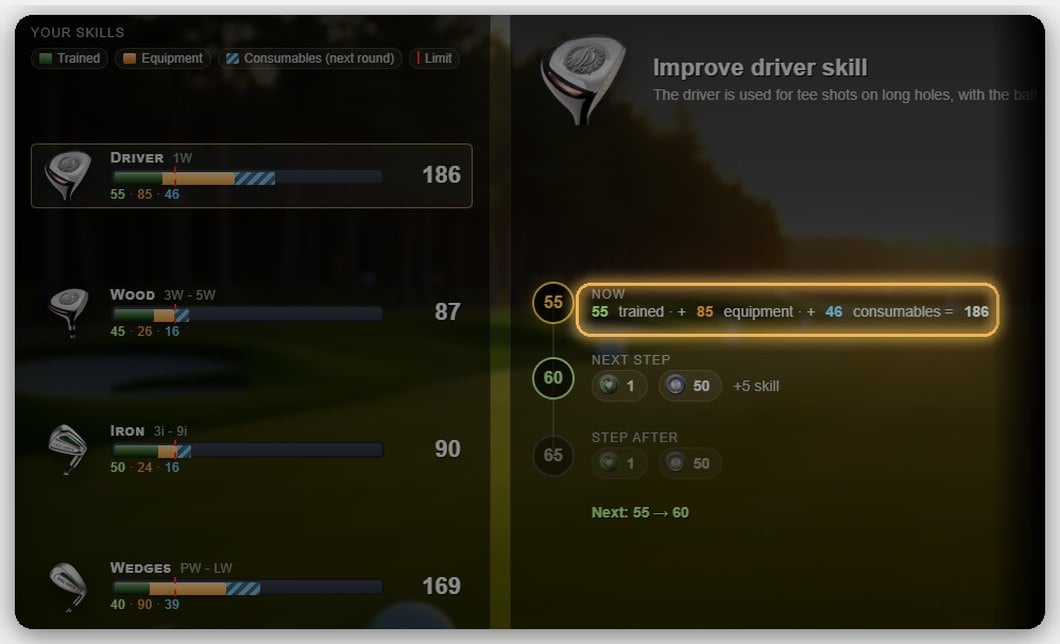 OGC Open - training page with three-part bars and skill breakdown